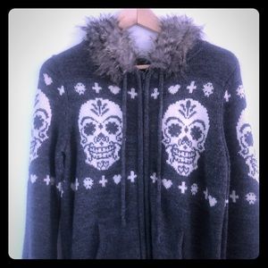 LUCKY BRAND FAUX FUR WOOL SKULL SWEATER HOODIE
